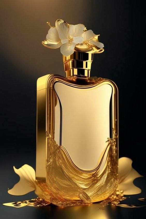 Gold and white perfume bottle with floral design on a dark background